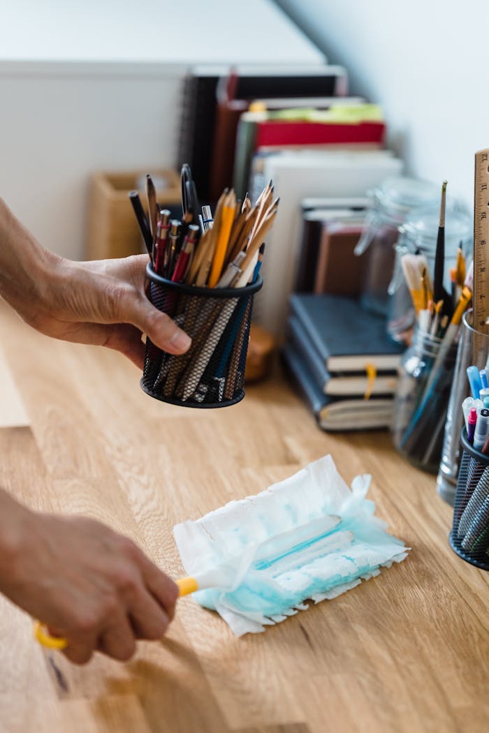 A clean, organized desk with stationery and dusting supplies for efficient workspace.